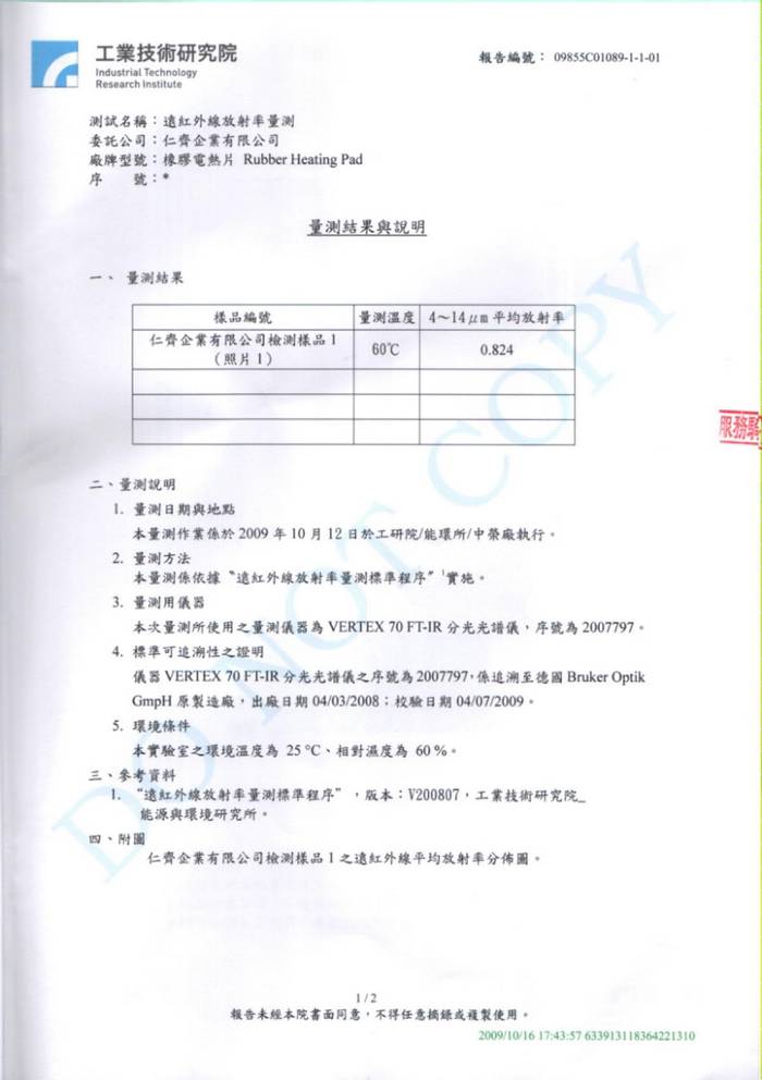 ITRI far-infrared emissivity test report